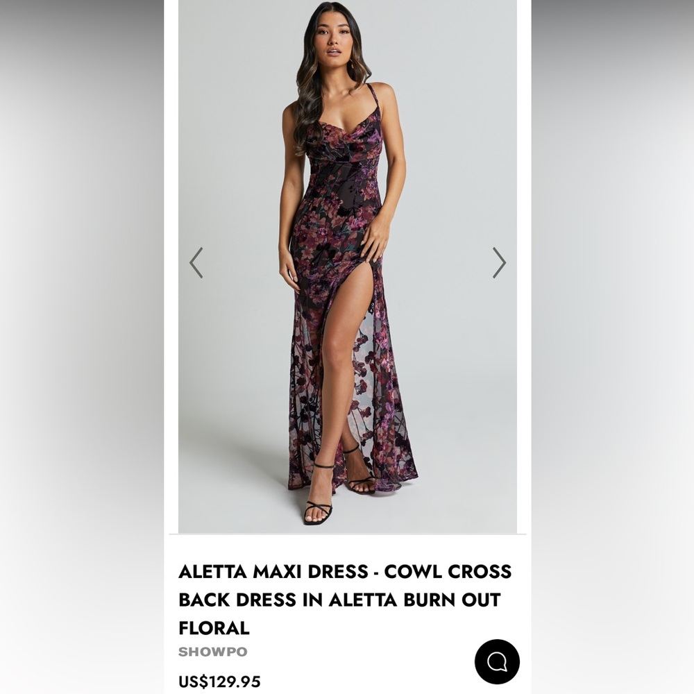 NWT Showpo. ALETTA MAXI DRESS - COWL CROSS BACK DRESS IN ALETTA BURN OUT FLORAL
